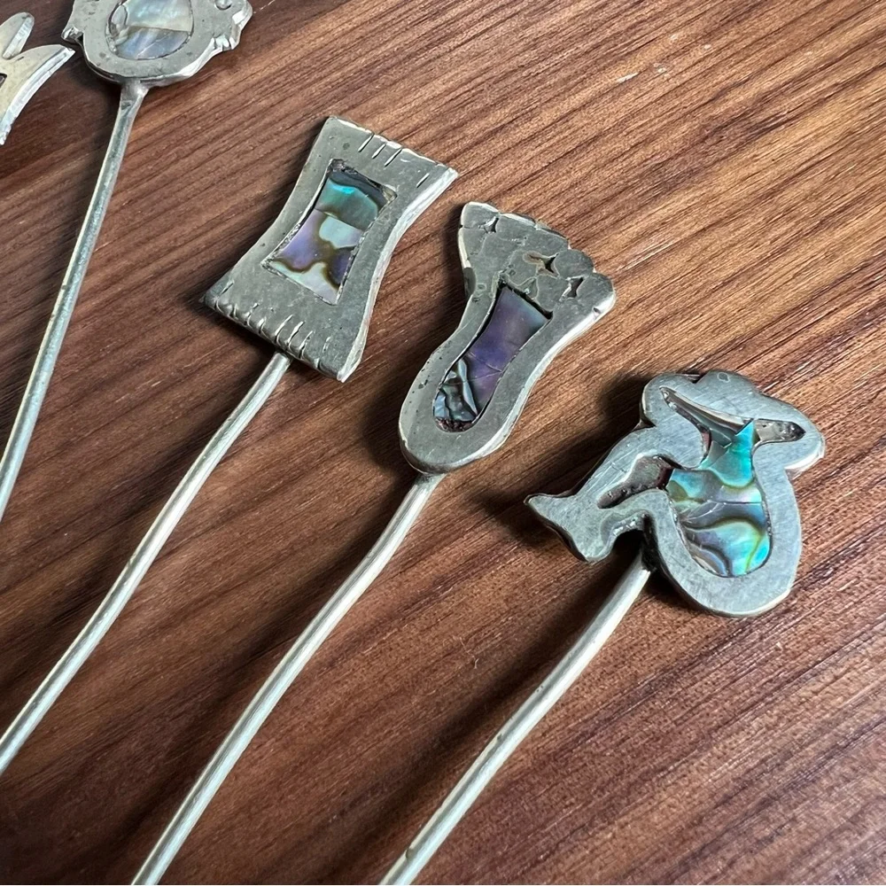 Vintage Set of 12 Abalone Mother of Pearl Inlay Mexican Silver Cocktail Picks